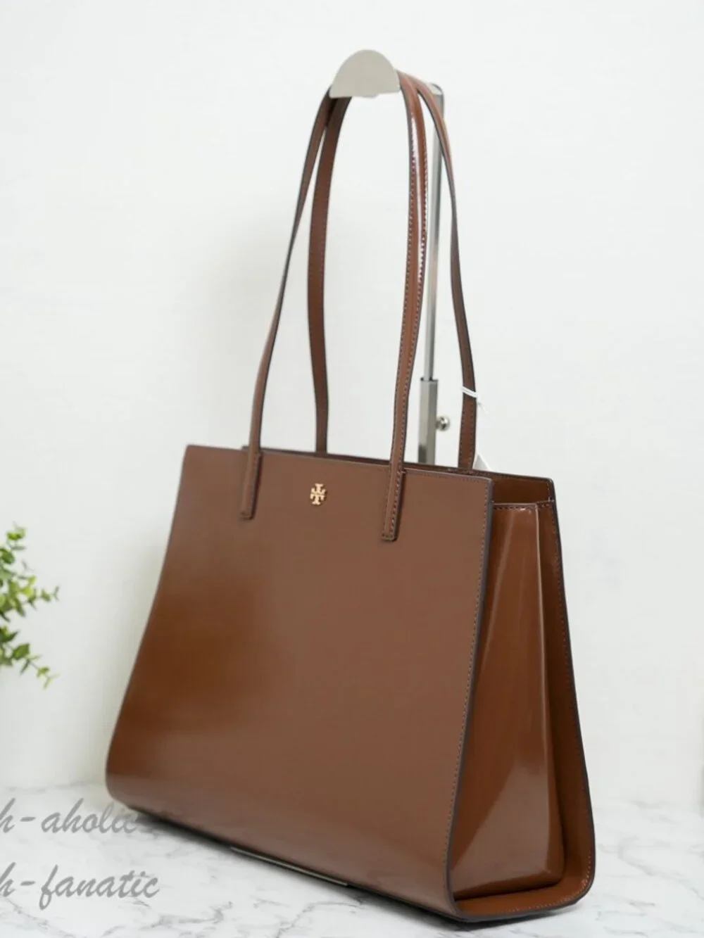 Tory Burch Emerson Patent Leather Work Tote Shoulder Bag in Rich Walnut NWT